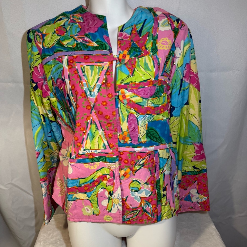 Sandy Starkman Patchwork Art Jacket 100%‎ Rayon Embellished Floral Boho Blazer M